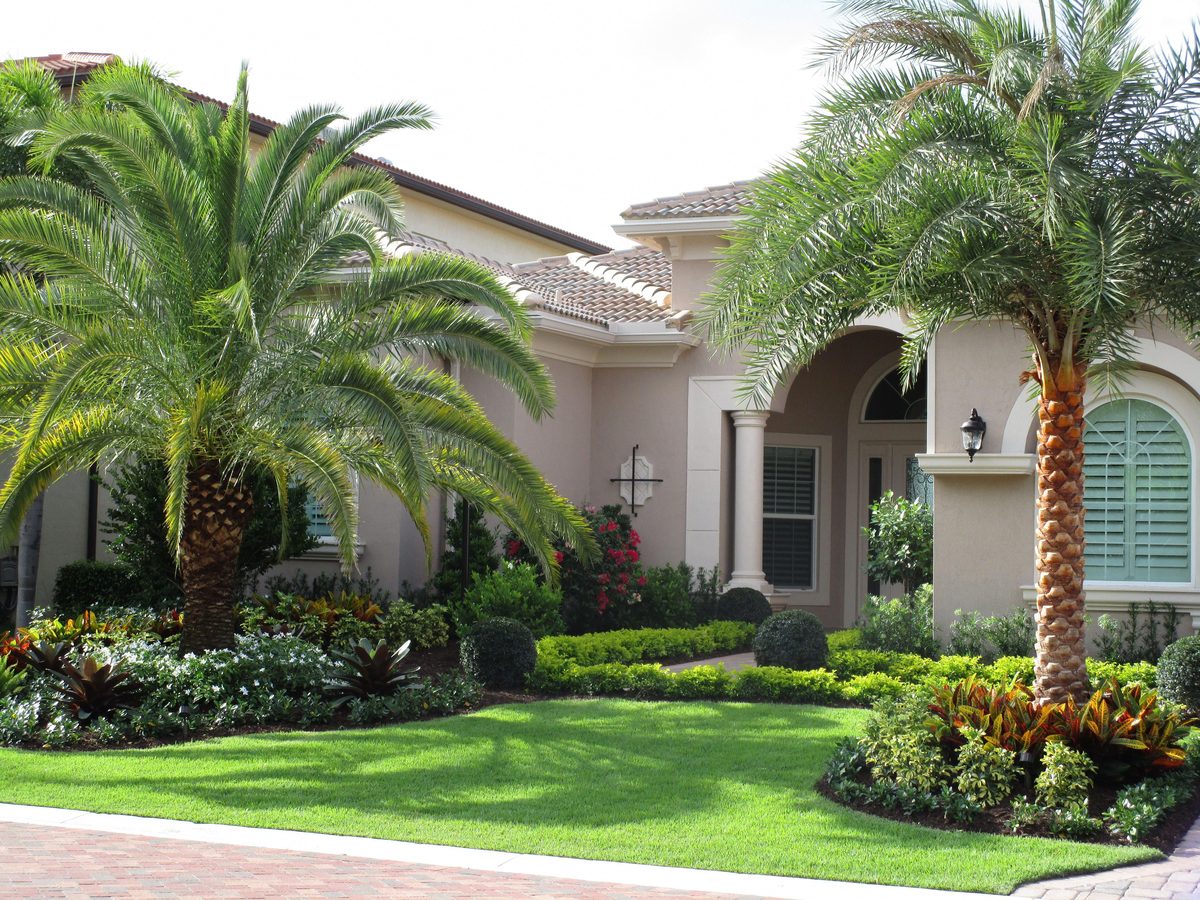Trimmed palms, hedged beds and a freshly mowed front lawn