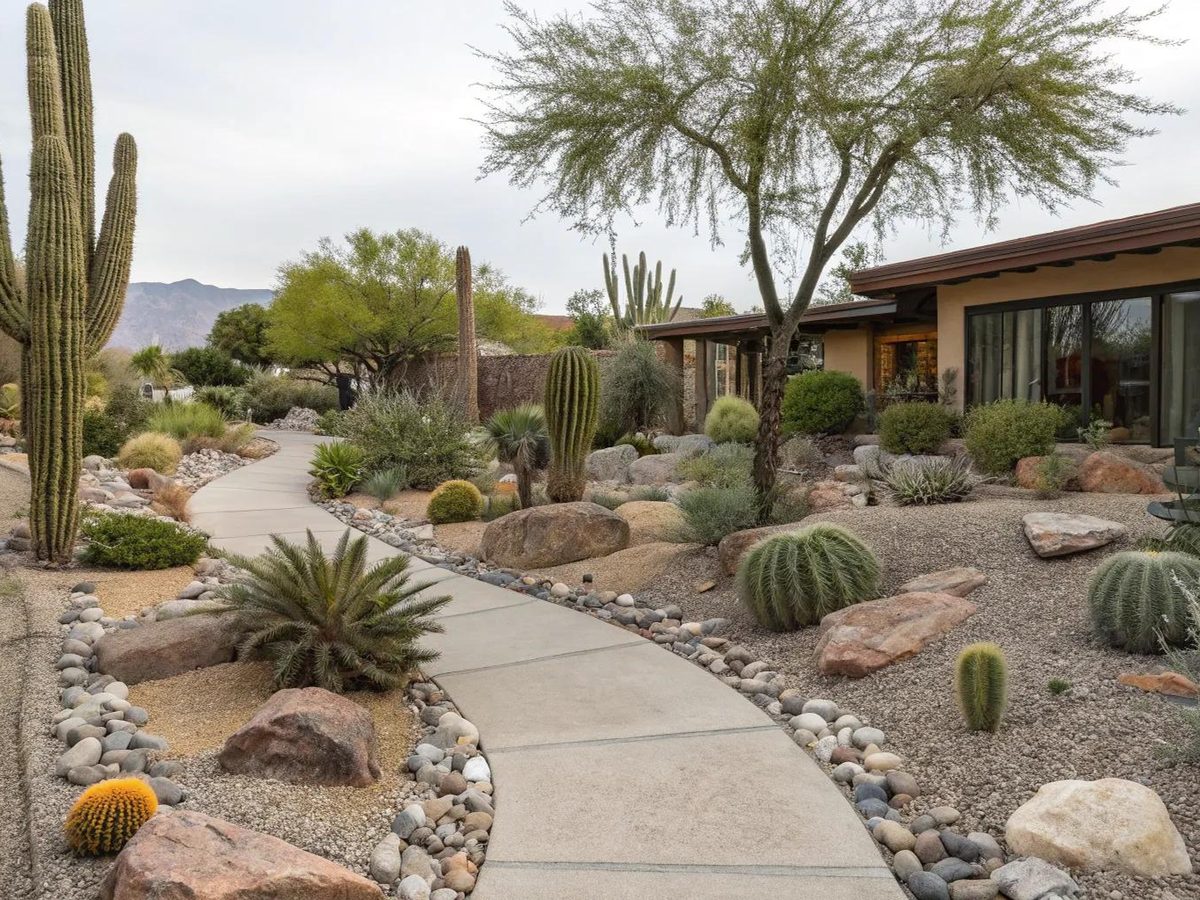 Concrete walkway lined with river rock, saguaros and desert plantings